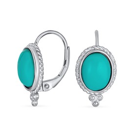 Western Style Blue Turquoise Milgrain Cable Edge Oval Gemstone Drop Earrings For Women Hinge Lever Back .925 Sterling Silver