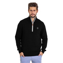 Mens Chunky Knit Cotton Jumper Classic Long Sleeve 1/2 Zip Golf Sweater (Black, XL)