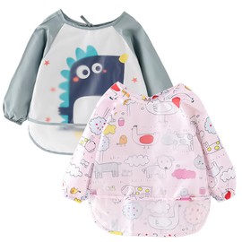 Pack of 2 Bibs with Sleeves, Baby Bibs with Sleeves, Washable Bibs with Sleeves, Waterproof and Easy to Clean & Machine Washable, for Babies Aged 1-2 Years, Green, Pink