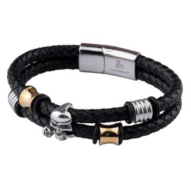 LUCKMAN Pulsera Hombre de Calavera, Acero Inoxidable con Baño de Oro 18k y Color Plata, Brazalete de Cuero Piel Vegana y Broche Magnético – Joyería y Accesorios para Hombre, Regalos para Hombre Originales y Regalos para Papá, Modelo Mason