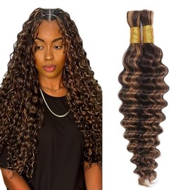 Tuheerst Human Braiding Hair For Boho No Weft P4/30 Highlight Brown Deep Wave Light Brown 50g/Bundle Total 100g Unprocessed Knotless Braids Human Hair Extension For Women 22 22 Inch