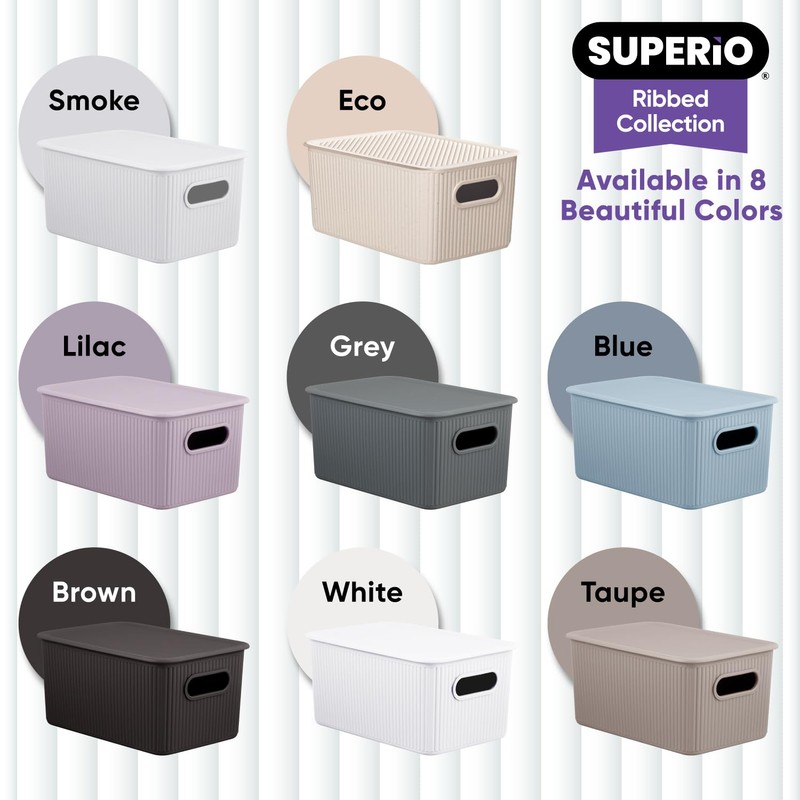 Superio Ribbed Collection - Decorative Plastic Lidded Home Storage Bins