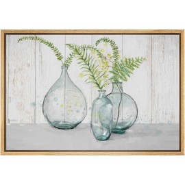 SIGNFORD Framed Canvas Wall Art Eucalyptus Leaves in Glass Vase with Wood Panel Botanical Plants Illustrations Impressionism Contemporary Comic for Living Room, Bedroom, Office - 16x24 inches