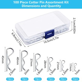 Hitch Pin Assortment, 100 Piece Cotter Pin Spring Connector Set, 6 Size Locking Cotter Pins R Clips with Assortment Box, for Use on Tow Bar Pins, Cars Mechanic Locking Systems