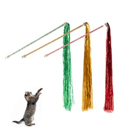 SEGXN 3 Pcs Sparkly Tassel Cat Teaser Wand with Bells - Fun Interactive Indoor Cat Toy for Kitten Hunting Exercise & Play(Red+Green+Gold)