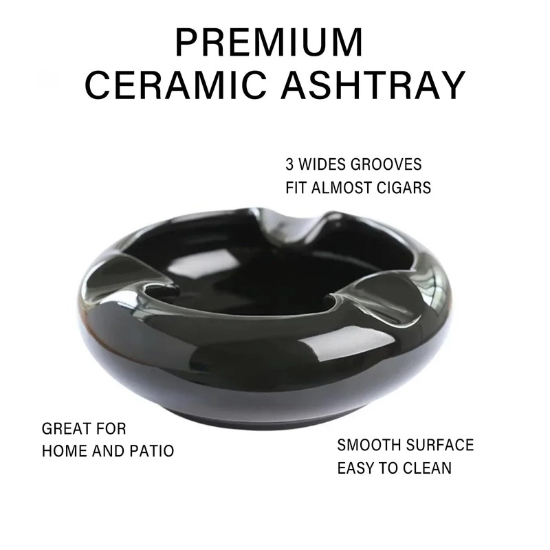 Premium Black Ceramic Cigar Ashtray with 3 Extra Wide Grooves