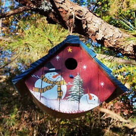 Decorative Bird House with Christmas Snowman Santa Pattern Hand-Painted Wood Bird House Small Hanging Birdhouse Chickadee Wren House Nest 7" H (Blue)