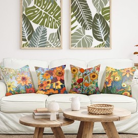 ZWJD Flower Cushion Cover, 40 x 40 cm, Set of 4, Outdoor Cushion Covers, Linen Cushion Covers, Floral Watercolour Painting, Cushion Covers for Sofa, Living Room, Decorative Cushion, 40 x 40 cm