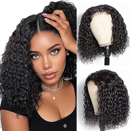 Weeybay Real Hair Wig for Women Wigs Short Bob Curly Wave Human Hair Wig Natural Black 4x4 Lace Closure 150% Density Unprocessed Brazilian Remy Glueless #1B Colour 12 Inches