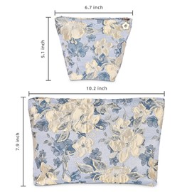 Denovin 2-Piece Floral Makeup Purse, Aesthetic Cosmetic Pouch for Women, Large Capacity Canvas Travel Makeup Pouch Zipper Organizer Pouch (Light Blue Flowers)