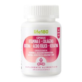 Life180, Cápsulas a Base de Vitamina E, Colágeno, Biotina y Keratina, 60 Cápsulas 60 Porciones