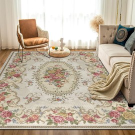 Amorettise Rustic Shabby Rose Area Rugs 5' x 7', Vintage Floral Rug Country Style Carpet Non-Slip Floor Mat for Girls Bedroom Living Room Dorm Decor