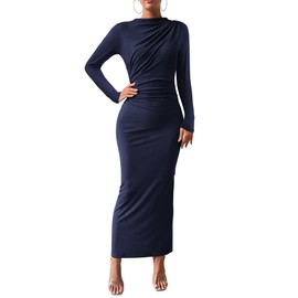 BTFBM Women Bodycon Maxi Dress Long Sleeve Back Slit Ruched Elegant Party Cocktail Formal Fall Wedding Guest Dresses(Navy, Large)