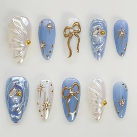 RUOKEXIN Almond Press on Nails Medium Length Fake Nails Gold Bow False Nails with Designs Blue Nail Press ons Sparkly Acrylic Artificial Nails for Women 24Pcs