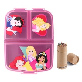 OM SUPPLIES Princess Reusable Sandwich Lunch Box 3 Multi Compartment Kids Children School Includes Half Size 12pcs Pencil Set (Princess)