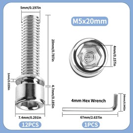 TXXATX 12 Pieces Bike Bolts M5 x 20 mm Bike Stem Fixed Screws with Washers 304 Stainless Steel Handlebar Stem Screws Silver Bike Disc Brake Caliper Bolts with 4 mm Allen Key for Road Mountain Bike