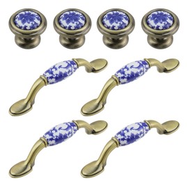 T Tulead Ceramic and Zinc Alloy Cabinet Pulls Knobs Blue and White Porcelain Handle Pull Single Hole Furniture Knobs, Drawer Pull 3-Inch Hole Centers, 4 Sets with Screws