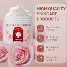 HZENPPOR Beef Tallow for Skin, Beef Tallow For Face, Tallow Face Moisturizer, Rose-Flavoured Whipped Tallow Face Cream Moisturizer Beef Tallow Blam Grass Fed Body Lotion Skin Care, 5.3 OZ (Pack of 1)