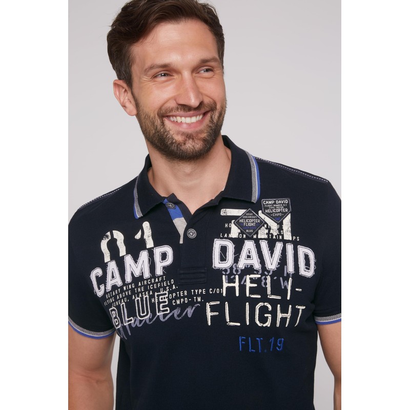 Camp David Men's Pique Polo with Label Appliques, Navy blue