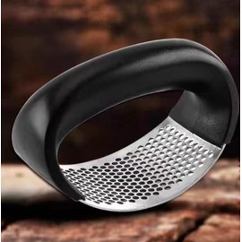 Stainless Steel Manual Garlic Crusher, Chopper for Garlic, Ginger, Onion, Cucumber, Tomatoes, Herbs and Spices, Ergonomic Handle (Black)