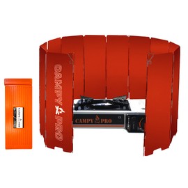Campy Pro Red Camping Stove Windscreen, 12-Plates Premium Aluminum Wind Guard Shield, Foldable Portable Design with Storage Box, Heavy-Duty, Butane Burner Windshield for Outdoor Cooking