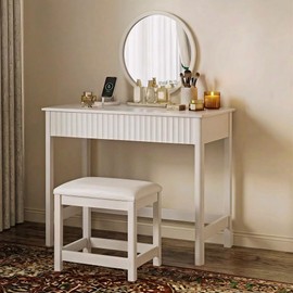 ChooChoo 40 Inch Modern Desk with Drawers, Makeup Vanity Desk with Padded Stool, Small Home Office Desk for Bedroom, White
