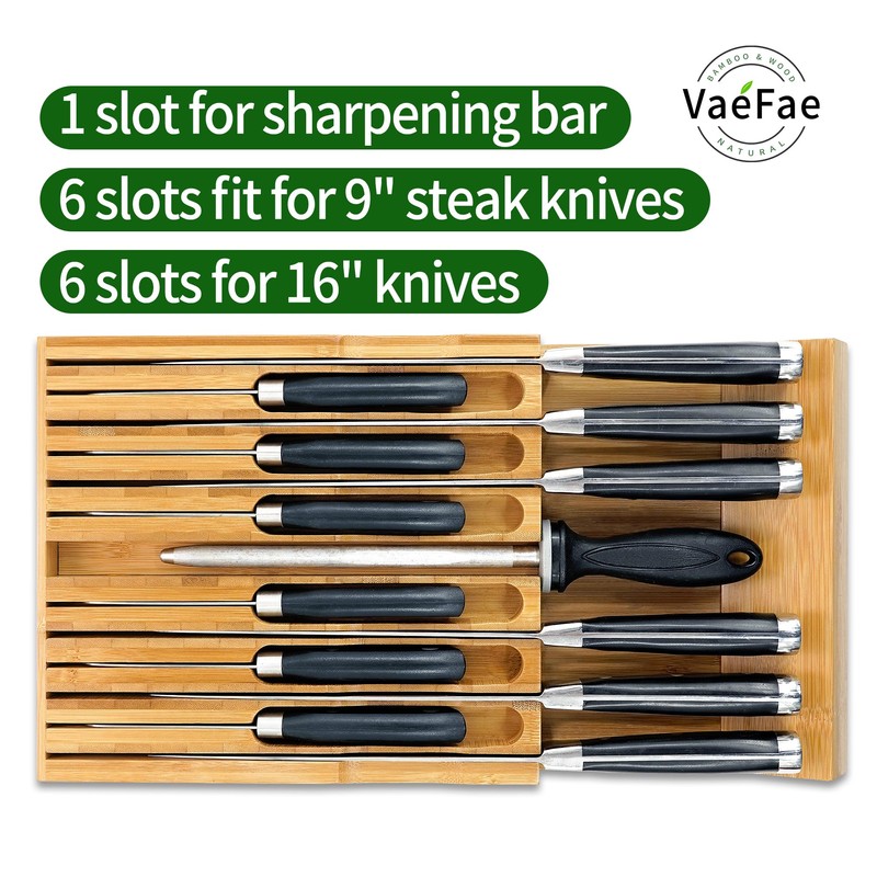 VaeFae Bamboo Knife Drawer Organizer, Knife Drawer Organizer Insert, Kitchen