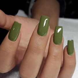 Olive Green Press on Nails Long Square, KXAMELIE Medium Coffin Nails Press ons Long Glue on Nails Natural Thick Fake Long Nails Acrylic Nails Reusable 24 Fake Nails Solid Color False Nails for Women