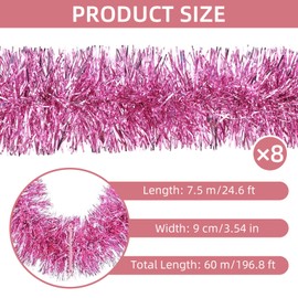 200 FT Pink Tinsel Garland Christmas Xmas Tree Garland Decorations Pink Garland Metallic Tinsel Twist Garland for Christmas Tree Birthday Party Carnival Holiday Party Supply (3.54" x 200', Pink)