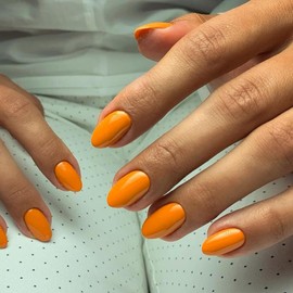 Orange Press On Nails - Short Almond Shape, 24pcs Natural Acrylic Gel, Thick Solid Color Glue Ons
