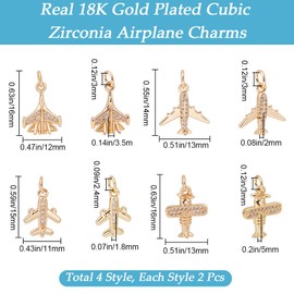 Beebeecraft 4 Styles 8Pcs Airplane Charms 18K Gold Plated Cubic Zirconia Aircraft Charms Set with Jump Rings for DIY Jewellery Making