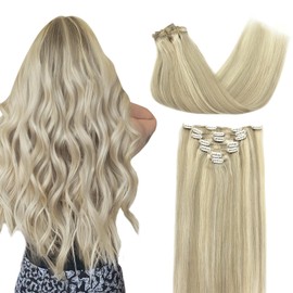 DOORES Clip-In Real Hair Extensions, Ash Blonde Highlights Platinum Blonde, 30 cm, 7 Pieces, 80 g, Remy Clip-In Hair Extensions, Straight, Natural Real Hair Extensions