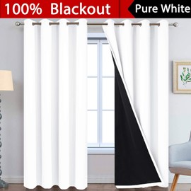 Yakamok Pure White 100% Blackout Curtains, 2 Thick Layers Completely Blackout Curtains Thermal Insulated Noise Reducing Drapes for Bedroom(52Wx96L, Pure White, 2 Panels)