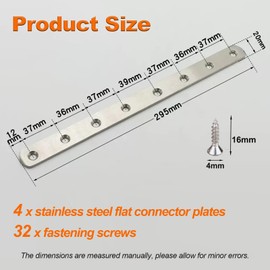 ZHYOPING Set of 4 Stainless Steel Flat Brackets for Wood, 295x20x3mm – Metal Joining Plates with Screws, Flat Metal Brackets for Furniture Repair, Worktop Joining Strip, Door & Cabinet Reinforcement