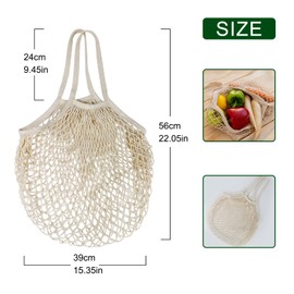 Mordx 2 Pack Portable Shooping Mesh Bags, Reusable Grocery Mesh Bags, Washable Organic Cotton Rope Shooping Bags, Long Handle Shopping mesh Bags for Fruit and Vegetable Storage,Beige