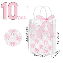 Dmnnlp 10 Pcs Pink Bow Clear Gift Bags, Birthday Bag with Handle Ribbon Bow, Party Pink Bags for Girls Birthdays Wedding Baby Shower Mother's Day Bachelorette Hen Party