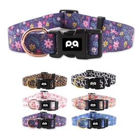 QQPETS Reflective Dog Collar for Medium Dogs，Pretty Flowers Theme Adjustable Heavy Duty Nylon Collar for Girl Puppy，Soft Pet Necklace with Quick Release Buckle, Purple