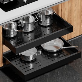 Pull Out Drawers for Cabinets, Expandable Slide Out Cabinet Organizer Fixed with Adhesive Nano Film, Heavy Duty Roll Out Shelves for Kitchen Base Cabinet Organization, Pantry, Bathroom, Black (1PC)