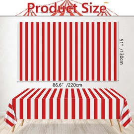 PIXHOTUL 2 Pieces Carnival Table Cloths, Red and White Stripe Tablecloths, Red Plastic Table Cover, Circus Theme Party Decorations for Carnival, Movie Night, Kid's Birthday, Christmas, 130 x 220 cm