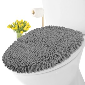 LuxUrux Toilet Lid Cover with Stretch Fit Elastic Band – Chenille Microfiber Toilet Seat Non-Slip Cover for Bathroom – Soft Plush, Machine Wash And Dry, Comfort & Clean Look (18 x 18'', Light Gray)
