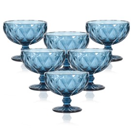 CHLJAR Vintage Glass Dessert Bowls Set of 6-12 Oz, Blue Embossed Glass Ice Cream Bowls for coconut peach ice cream Fruit Pudding Trifle Parfait(12 Oz, rhombic)