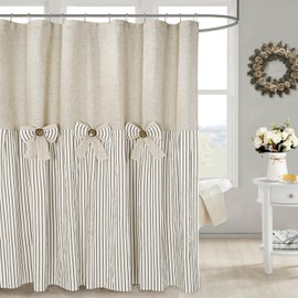 DOSLY IDÉES Linen Button Farmhouse Beige Shower Curtain,Bowknot,Linen and Cotton Woven Fabric,Pleated Brown Stripe,Country Style,72x72 in