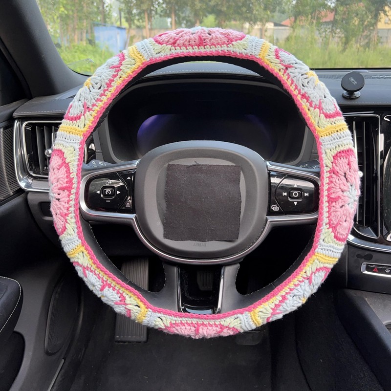 Handmade Crochet Pink Fower Granny Square Car Steering Wheel Covers