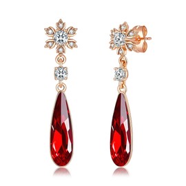 EVEVIC Austrian Crystal Teardrop Dangle Earrings Snowflake Earrings for Women 14K Gold Plated Sparkly Earrings Hypoallergenic Jewelry (Red)