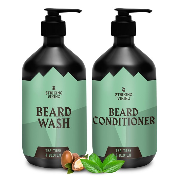 Beard Wash and Beard Conditioner Set (20 oz) Tea Tree & Biotin Scent - Paraben & Sulfate Free Beard Shampoo and Conditioner for Men - Deep Cleansing Organic Beard Wash set for Beard Care