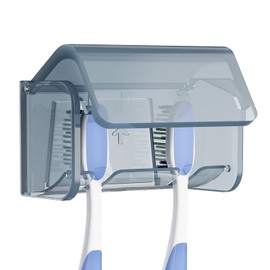 Linkidea Ventilation Wall Mounted Toothbrush Storage Organizer with Cover, 2 Slots Toothbrush Holder, Self Adhesive Wallmount Toothbrush Rack Hanger for Shower, RV, Camper, Bathroom