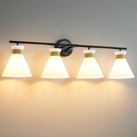 WOSHITU Bathroom Vanity Light Fixtures: 4-Light Mid Century Modern Vanity Lights for Bathroom Over Mirror, Black and Gold Wall Sconce Lighting with Frosted Milky Glass for Bath Bedroom