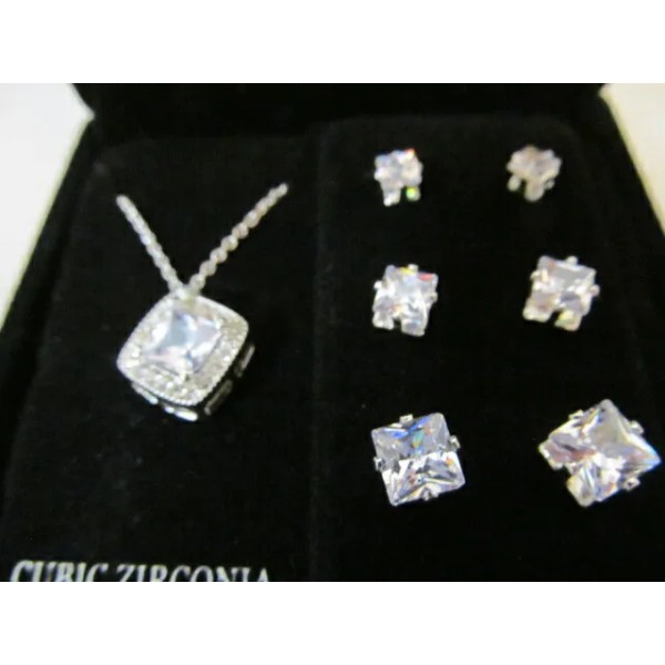 Danecraft Cubic Zirconia Square Necklace + 3 Set Earring Collection