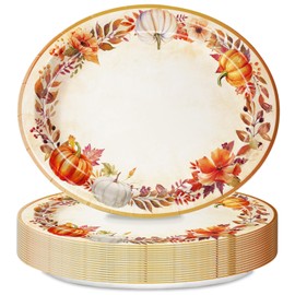QIYANPAX 25 Pcs Thanksgiving Paper Plates Large 9"x11" – Fall Watercolor Pumpkins Leaves Disposable Plates for Autumn Harvest Party, Dinner, Holiday Table Decor