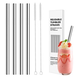 Prurex 9.5＂ Extra Long Straws for 30oz Tumblers - 4 Pack 0.4"Wide Stainless Steel Straws with 2 Brushes | Reaches Deep Bottoms, No Clog for Thick Shakes, Dishwasher Safe
